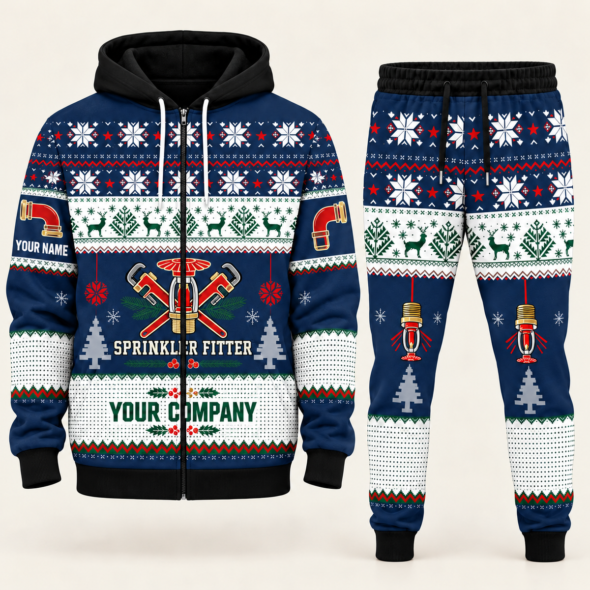 Sprinkler Fitter Christmas zip hoodie and jogger navy with custom name and company
