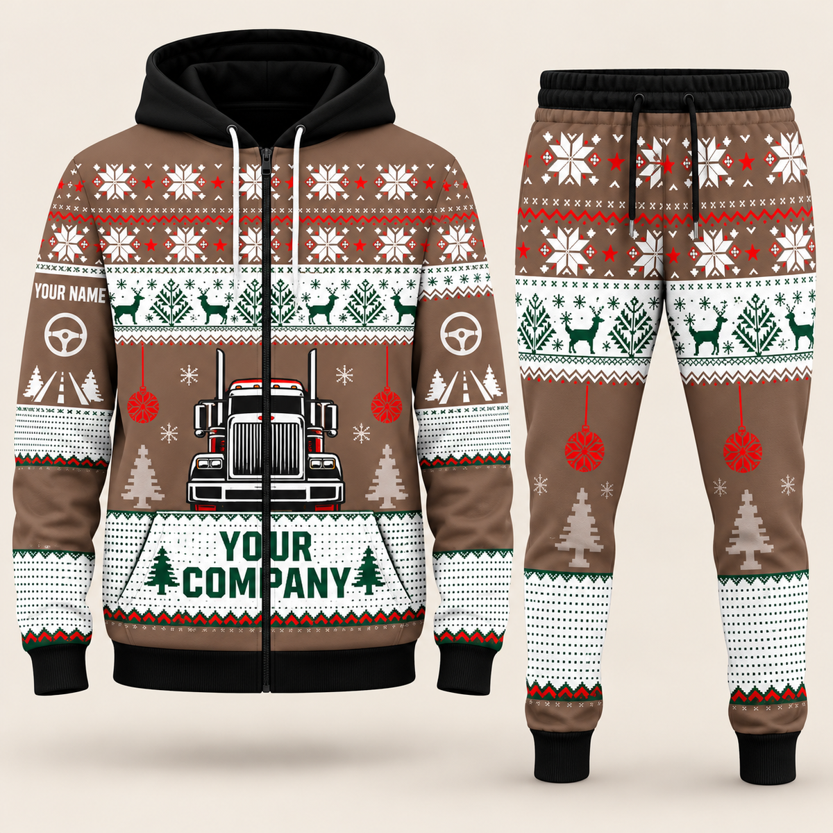 Trucker Christmas zip hoodie and jogger brown with custom name and company