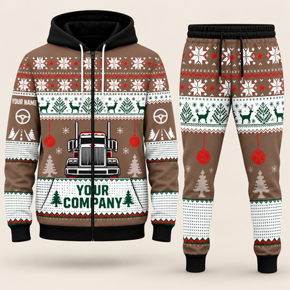 Trucker Christmas zip hoodie and jogger brown with custom name and company