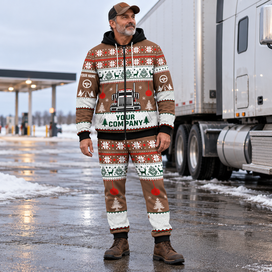 Trucker Christmas zip hoodie and jogger hero with custom name and company