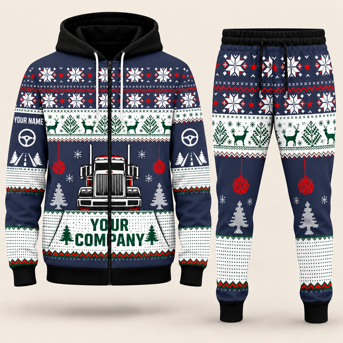 Trucker Christmas zip hoodie and jogger navy with custom name and company