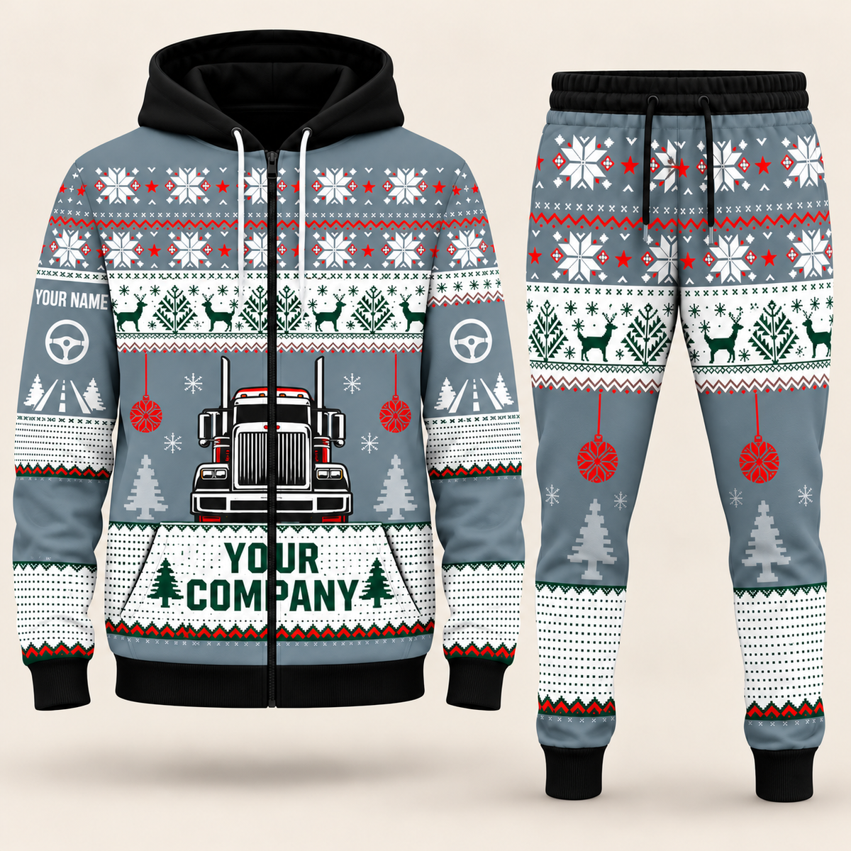 Trucker Christmas zip hoodie and jogger slate with custom name and company