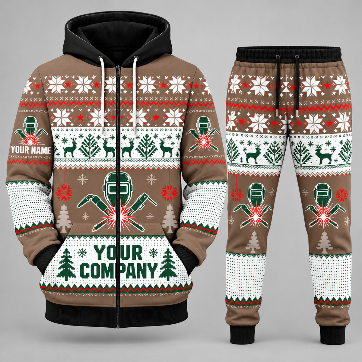 Welder Christmas zip hoodie and jogger brown with custom name and company