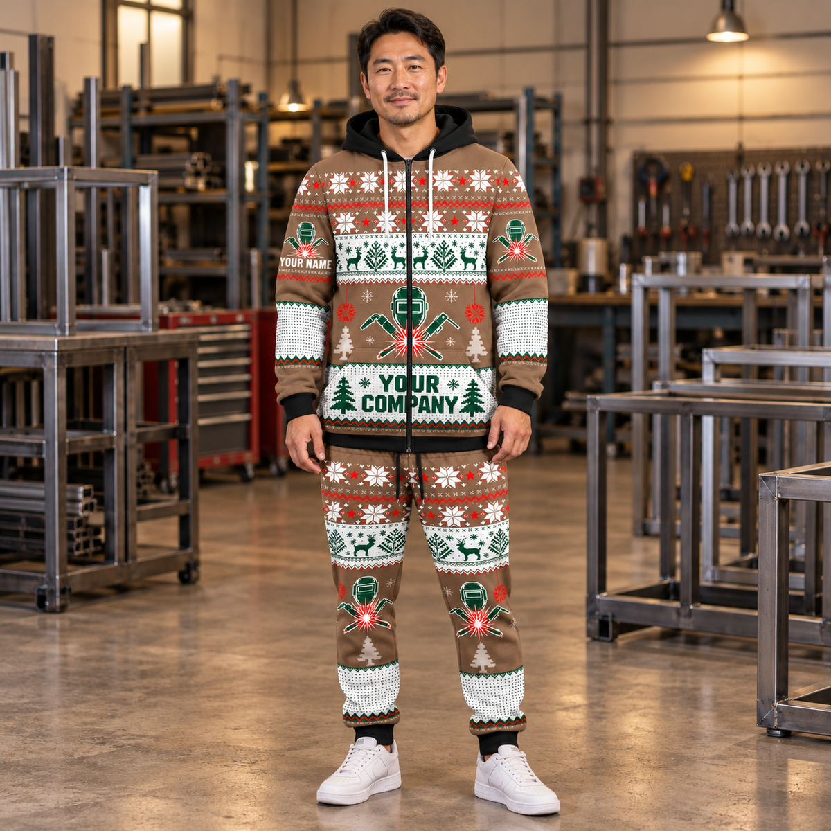 Welder Christmas zip hoodie and jogger hero with custom name and company