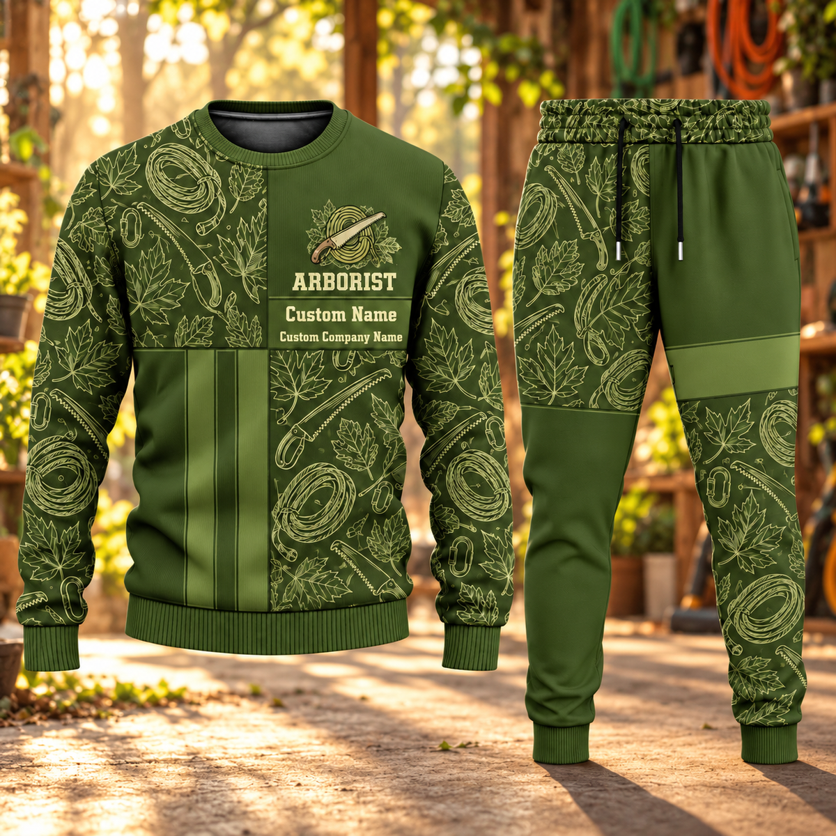Arborist Geometric Panel sweater and jogger combo, hero view with name and company artwork