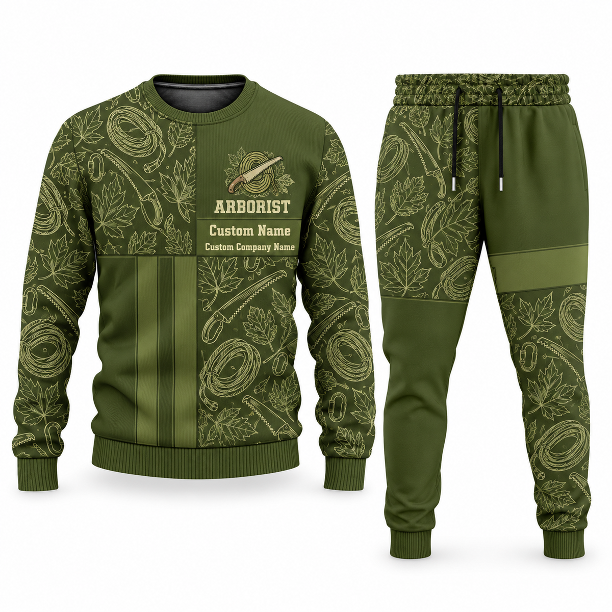 Arborist Geometric Panel sweater and jogger combo, olive view with name and company artwork