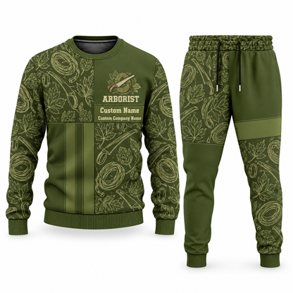 Arborist Geometric Panel sweater and jogger combo, olive view with name and company artwork