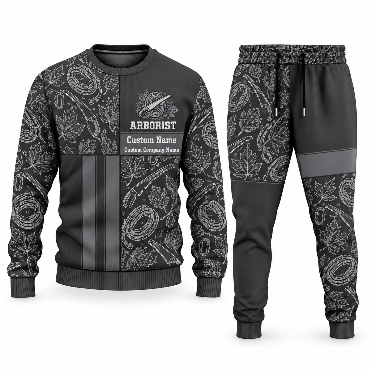 Arborist Geometric Panel sweater and jogger combo, charcoal view with name and company artwork