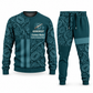 Arborist Geometric Panel sweater and jogger combo, teal view with name and company artwork