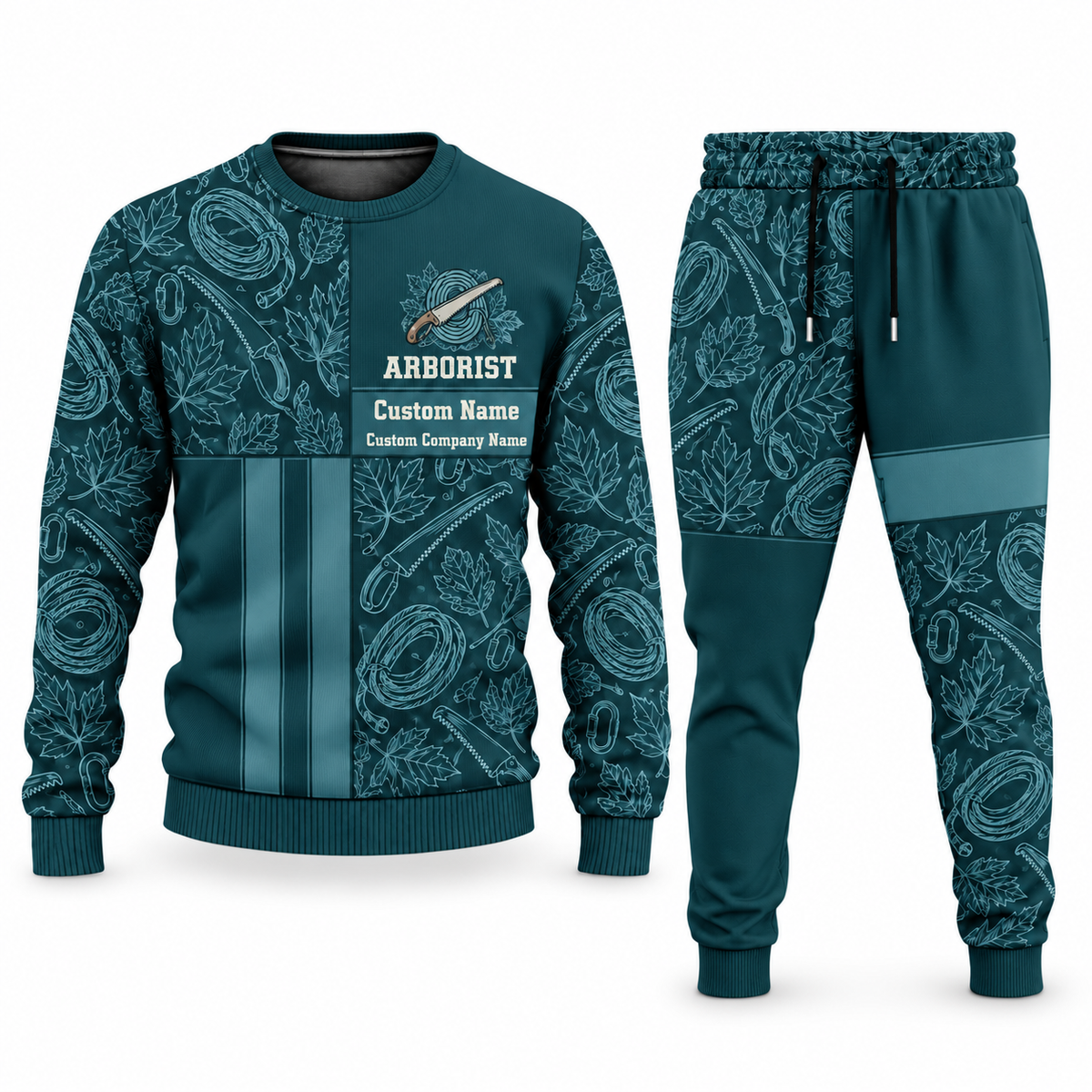 Arborist Geometric Panel sweater and jogger combo, teal view with name and company artwork