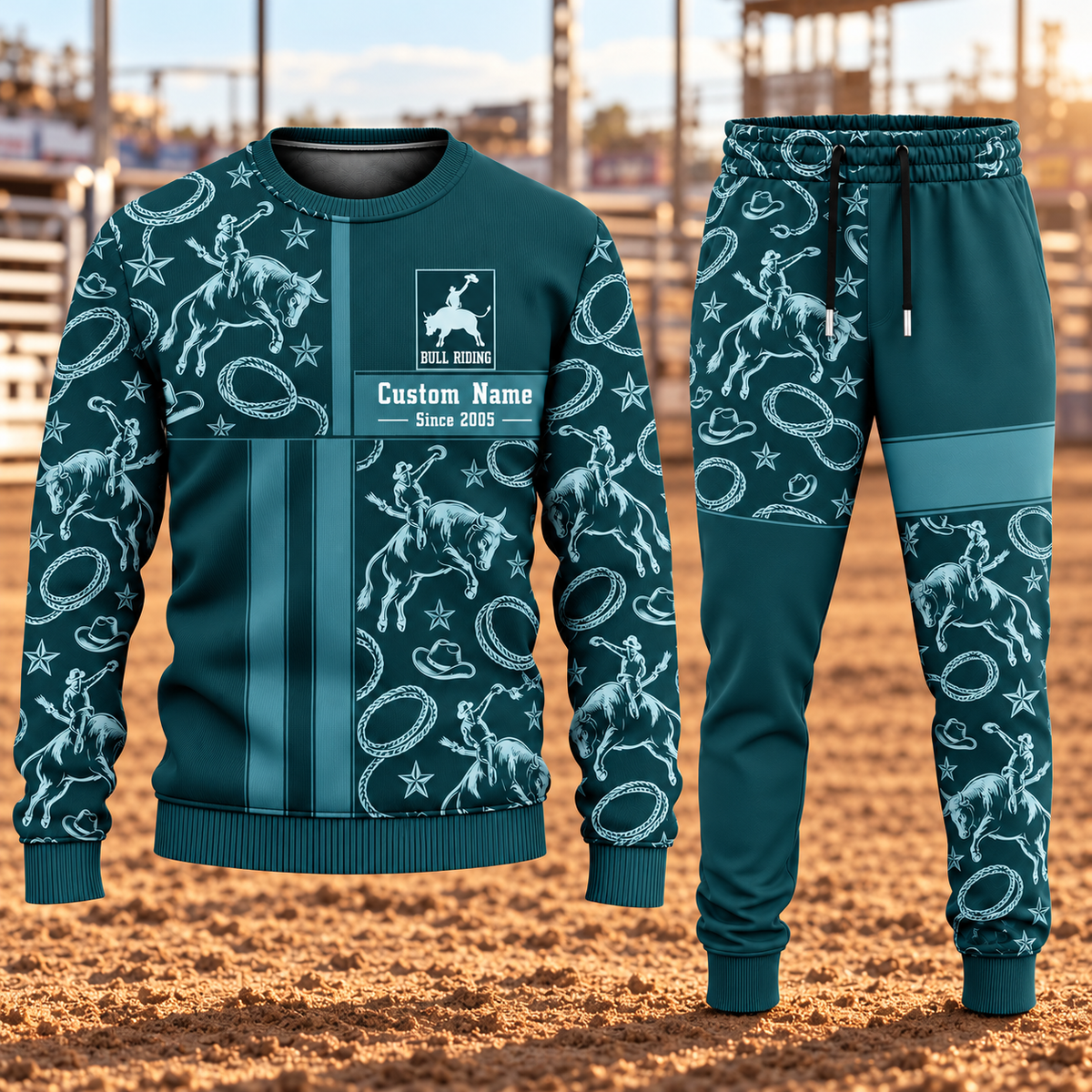 Bull Riding Geometric Panel sweater and jogger combo, hero view with name and Since 2005 artwork
