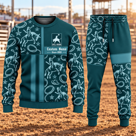 Bull Riding Geometric Panel sweater and jogger combo, hero view with name and Since 2005 artwork
