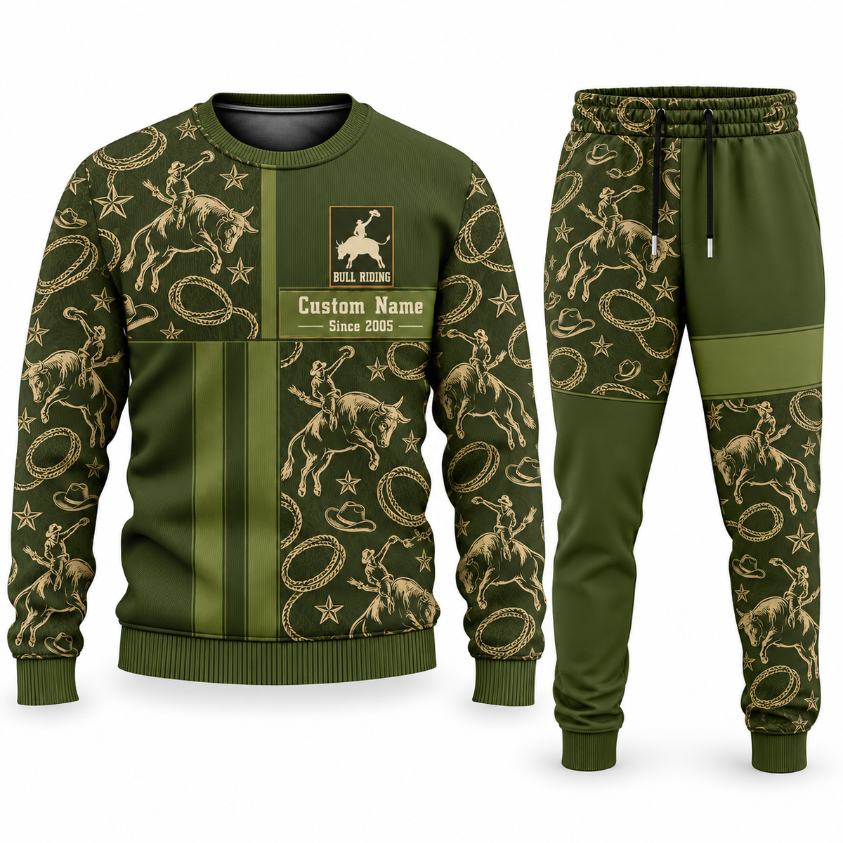 Bull Riding Geometric Panel sweater and jogger combo, olive view with name and Since 2005 artwork