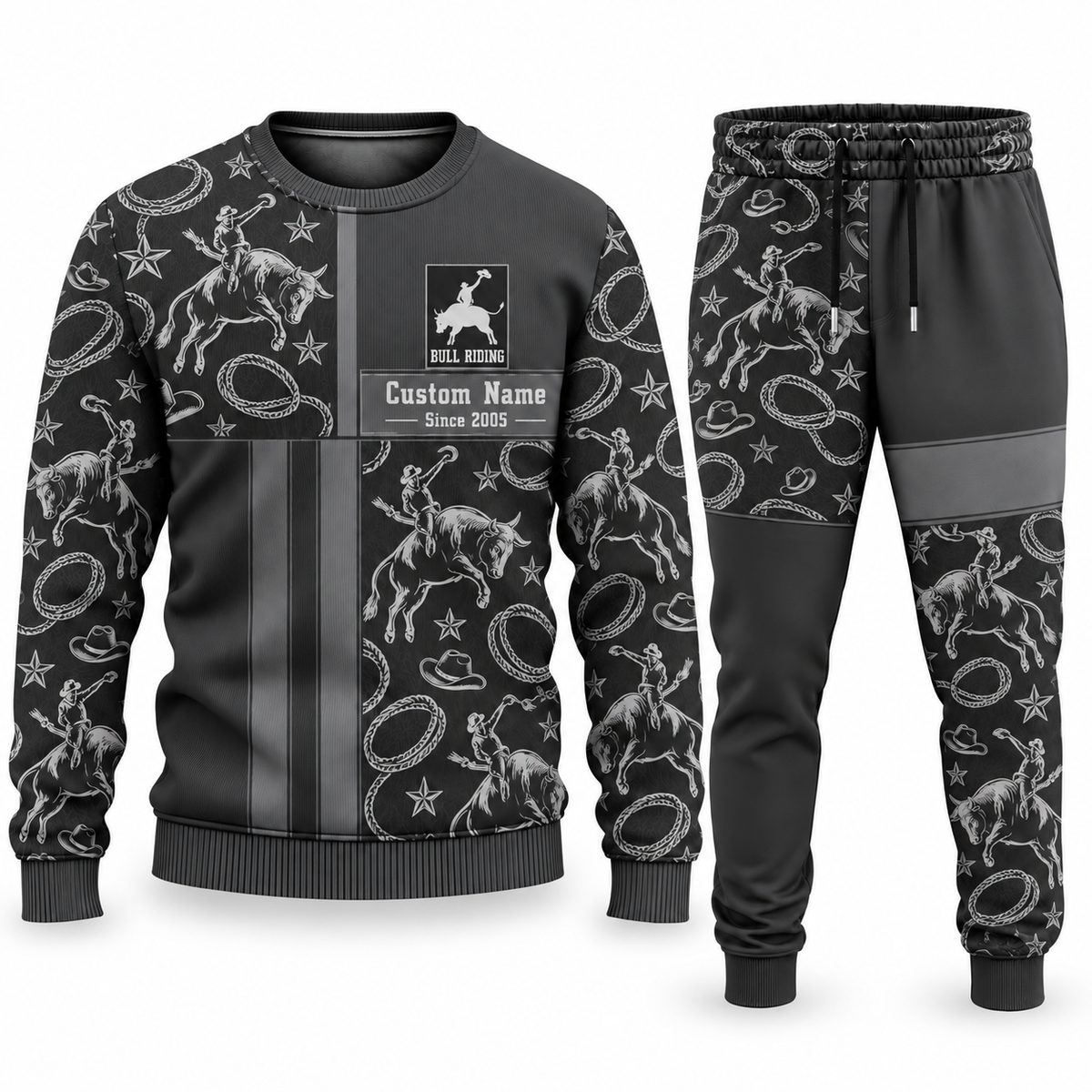 Bull Riding Geometric Panel sweater and jogger combo, charcoal view with name and Since 2005 artwork