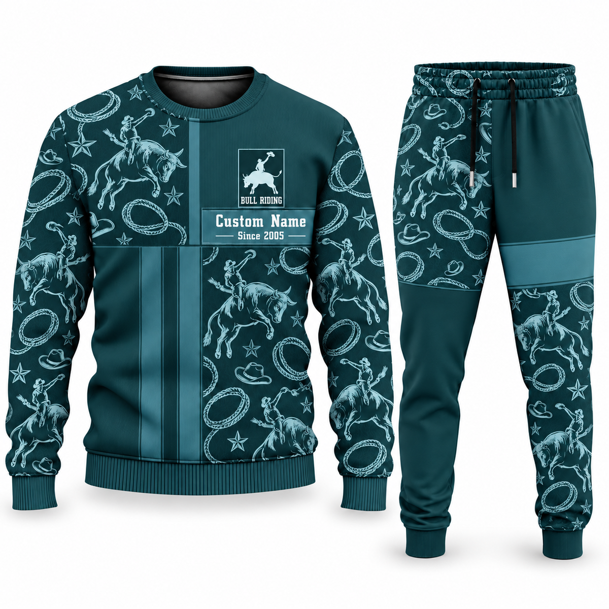 Bull Riding Geometric Panel sweater and jogger combo, teal view with name and Since 2005 artwork