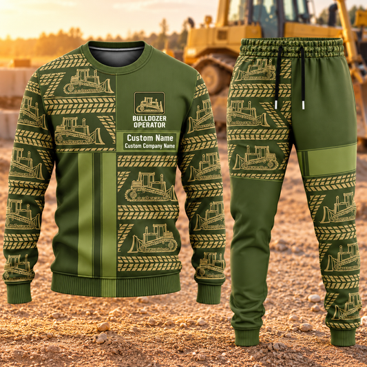 Bulldozer Operator Geometric Panel sweater and jogger combo, hero view with name and company artwork