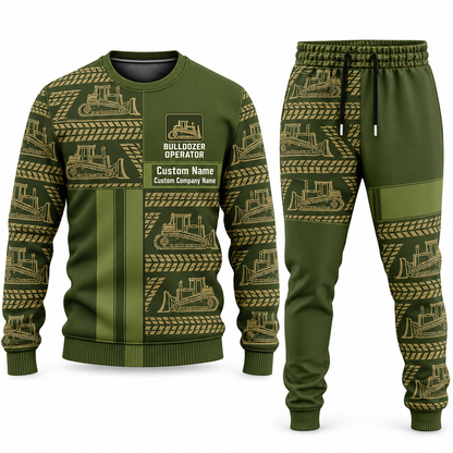 Bulldozer Operator Geometric Panel sweater and jogger combo, olive view with name and company artwork