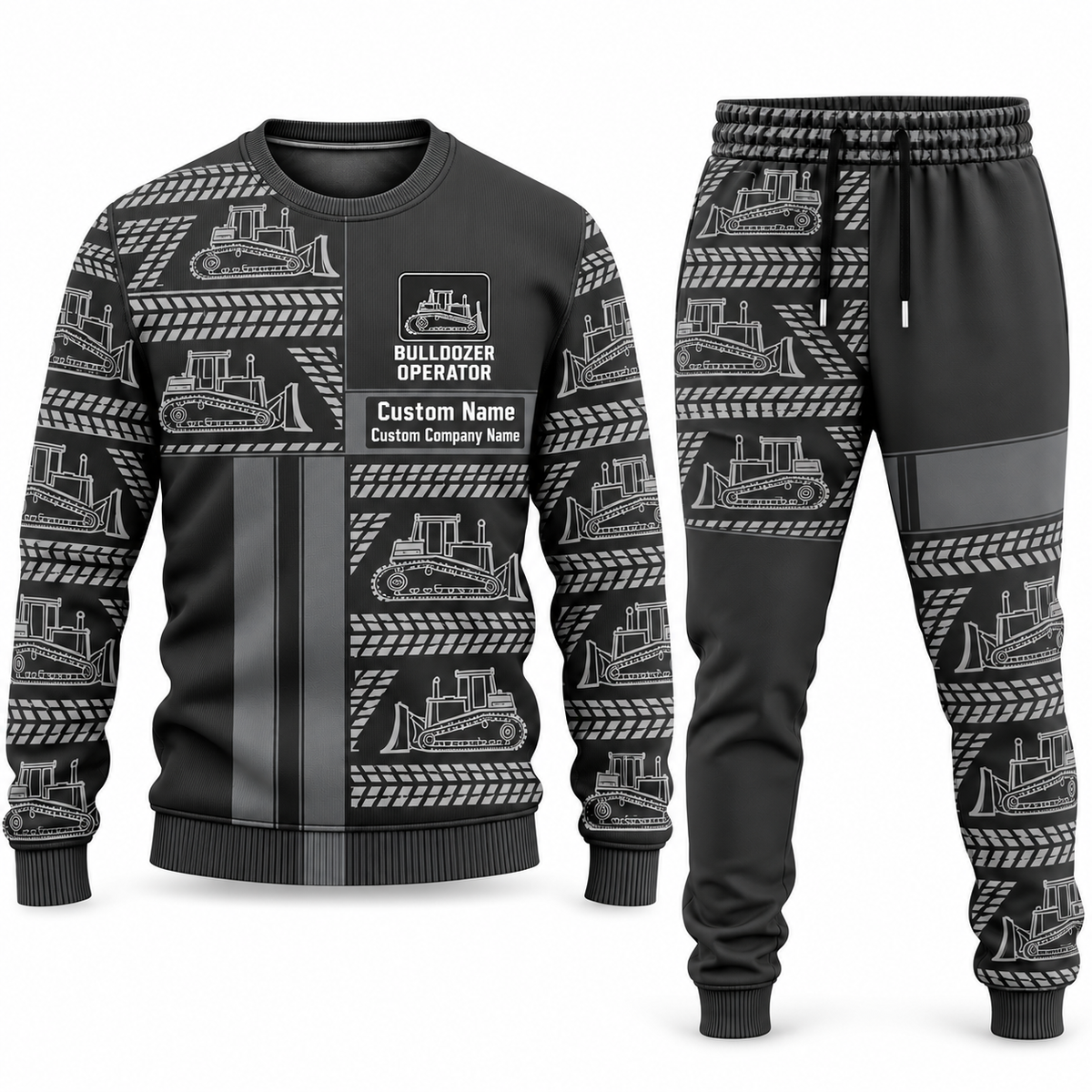 Bulldozer Operator Geometric Panel sweater and jogger combo, charcoal view with name and company artwork