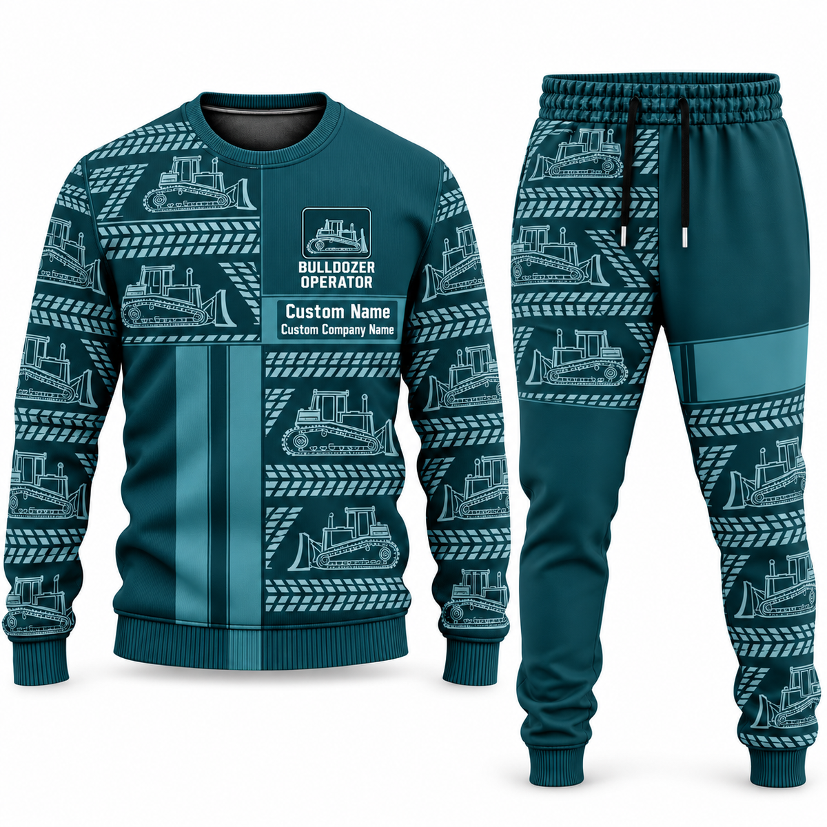 Bulldozer Operator Geometric Panel sweater and jogger combo, teal view with name and company artwork