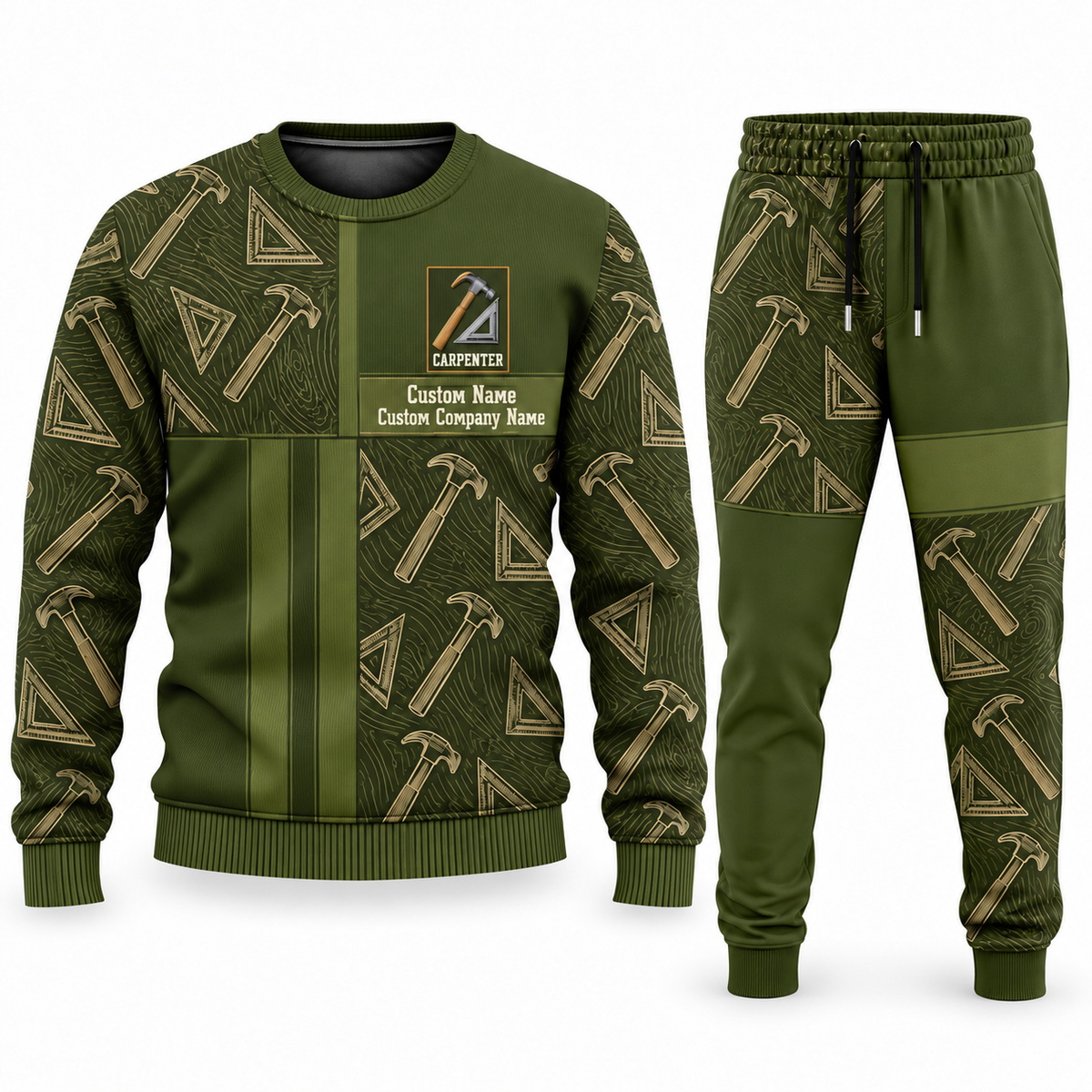 Carpenter Geometric Panel sweater and jogger combo, olive view with name and company artwork