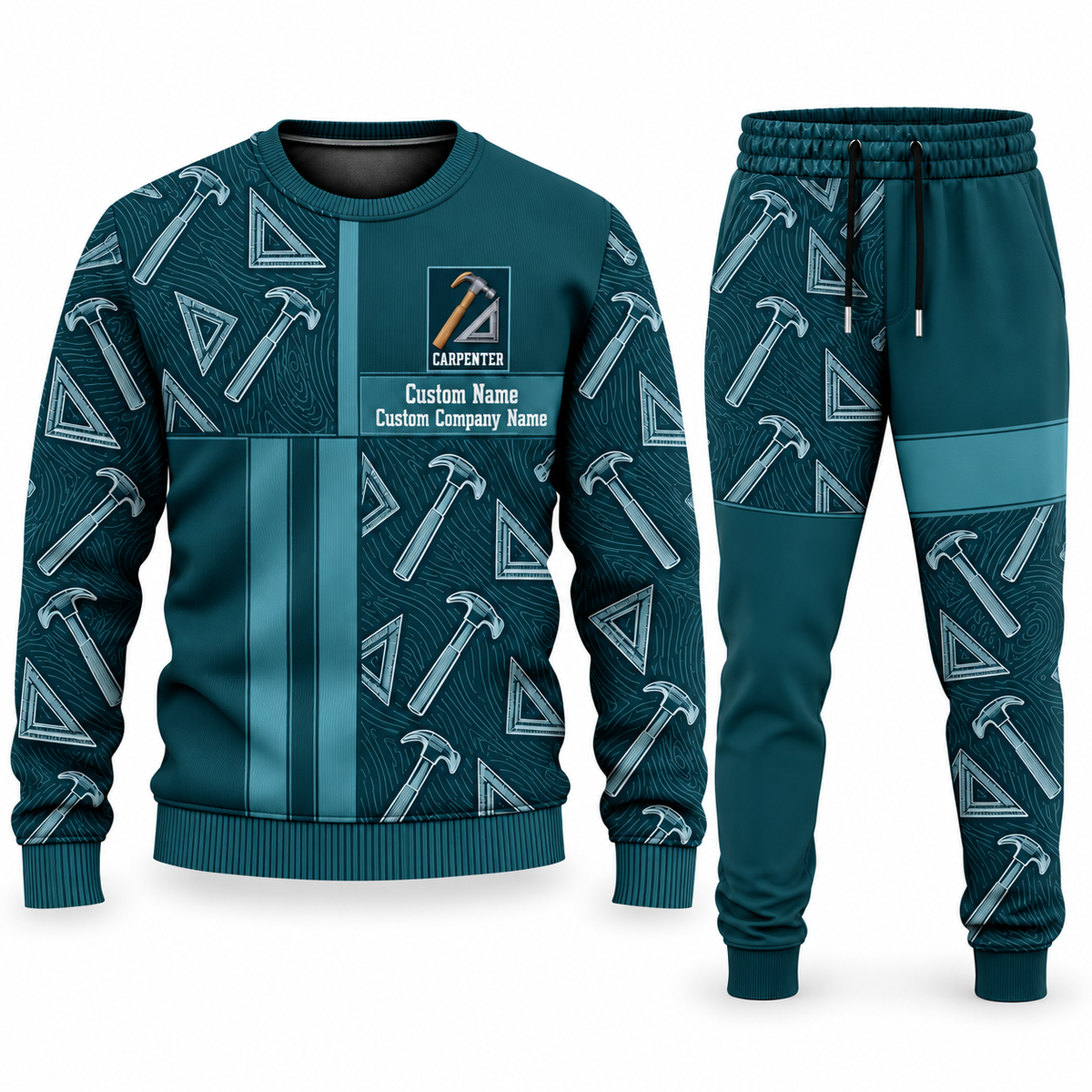 Carpenter Geometric Panel sweater and jogger combo, teal view with name and company artwork