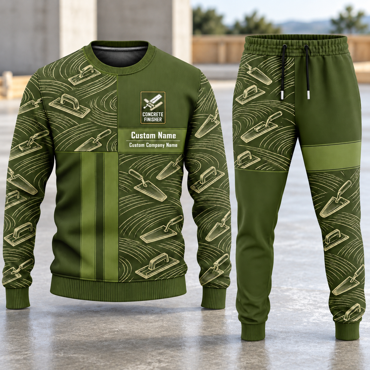 Concrete Finisher Geometric Panel sweater and jogger combo, hero view with name and company artwork