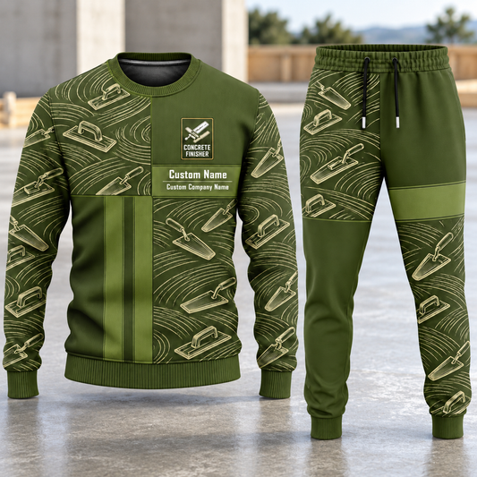 Concrete Finisher Geometric Panel sweater and jogger combo, hero view with name and company artwork