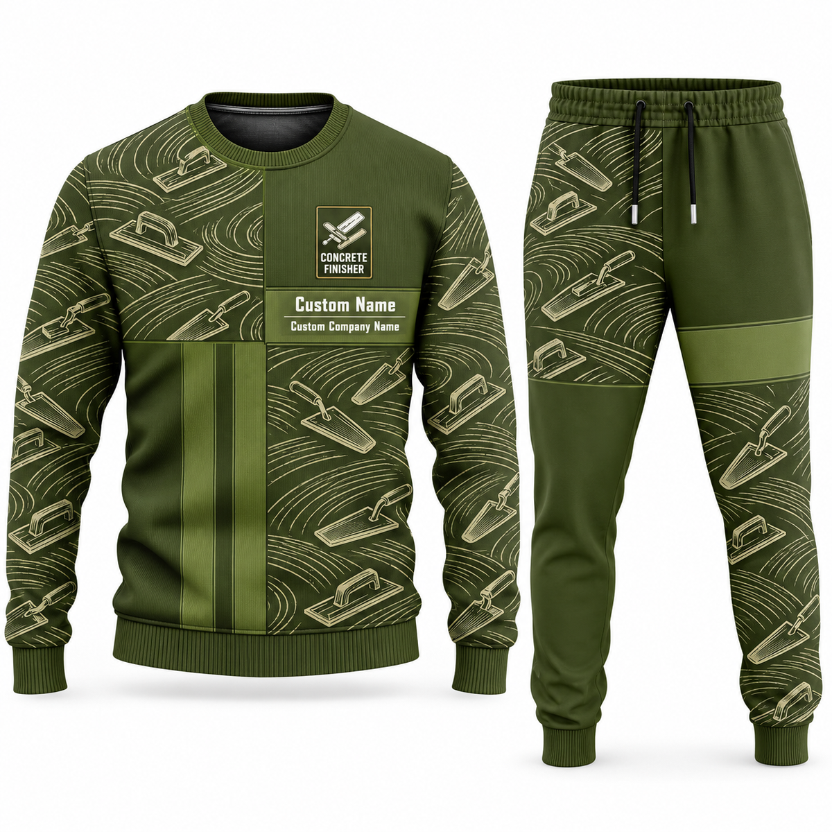 Concrete Finisher Geometric Panel sweater and jogger combo, olive view with name and company artwork