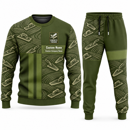 Concrete Finisher Geometric Panel sweater and jogger combo, olive view with name and company artwork