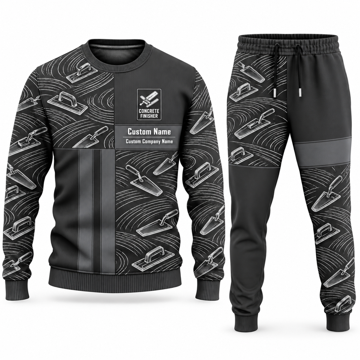 Concrete Finisher Geometric Panel sweater and jogger combo, charcoal view with name and company artwork