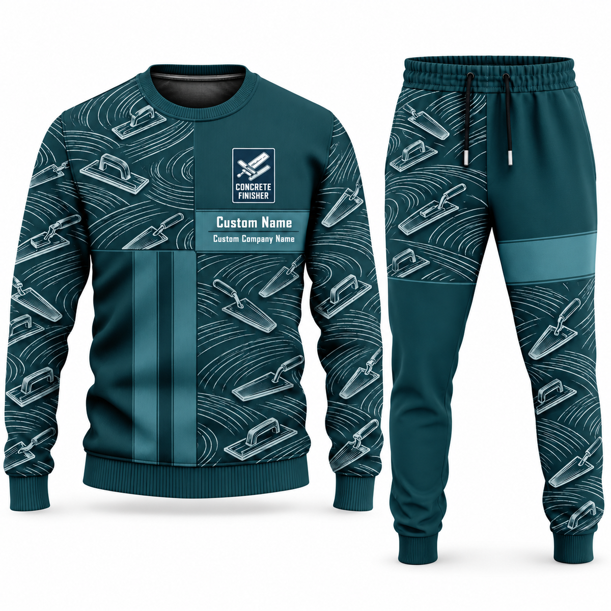 Concrete Finisher Geometric Panel sweater and jogger combo, teal view with name and company artwork