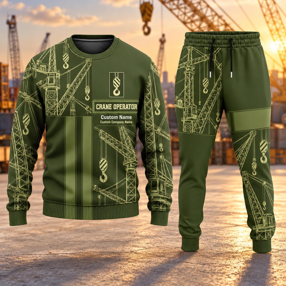 Crane Operator Geometric Panel sweater and jogger combo, hero view with name and company artwork