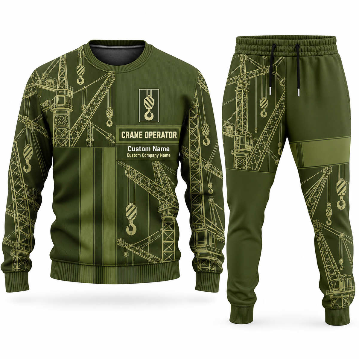 Crane Operator Geometric Panel sweater and jogger combo, olive view with name and company artwork