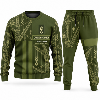 Crane Operator Geometric Panel sweater and jogger combo, olive view with name and company artwork