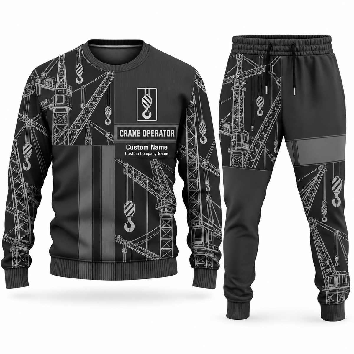 Crane Operator Geometric Panel sweater and jogger combo, charcoal view with name and company artwork