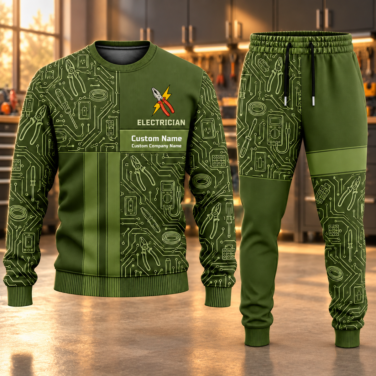 Electrician Geometric Panel sweater and jogger combo, hero view with name and company artwork