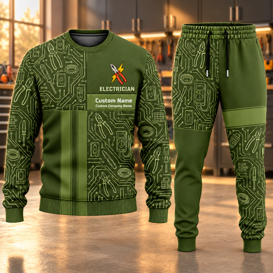 Electrician Geometric Panel sweater and jogger combo, hero view with name and company artwork