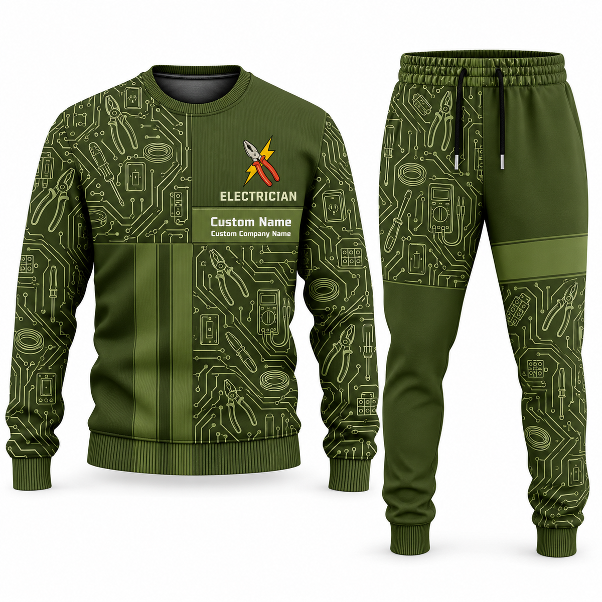 Electrician Geometric Panel sweater and jogger combo, olive view with name and company artwork