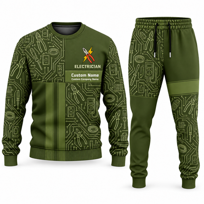 Electrician Geometric Panel sweater and jogger combo, olive view with name and company artwork