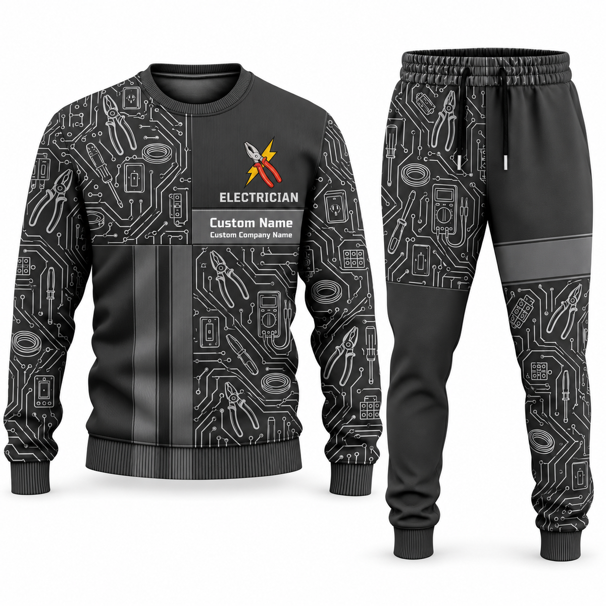 Electrician Geometric Panel sweater and jogger combo, charcoal view with name and company artwork