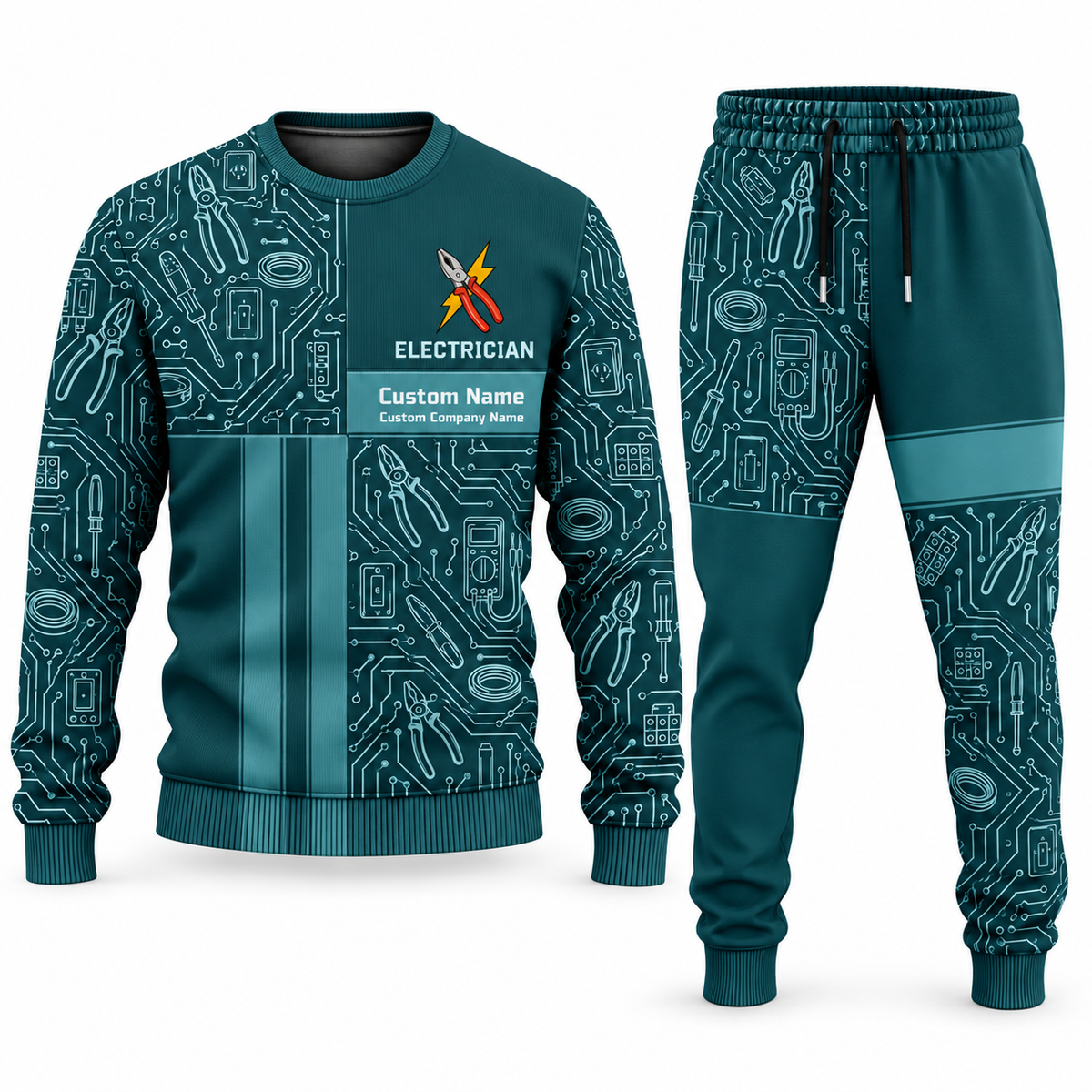 Electrician Geometric Panel sweater and jogger combo, teal view with name and company artwork
