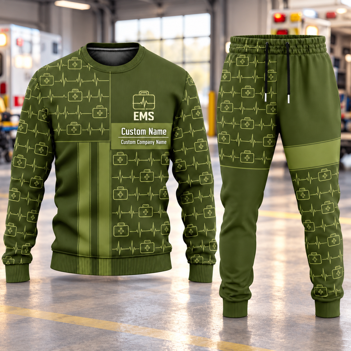 EMS Geometric Panel sweater and jogger combo, hero view with name and company artwork