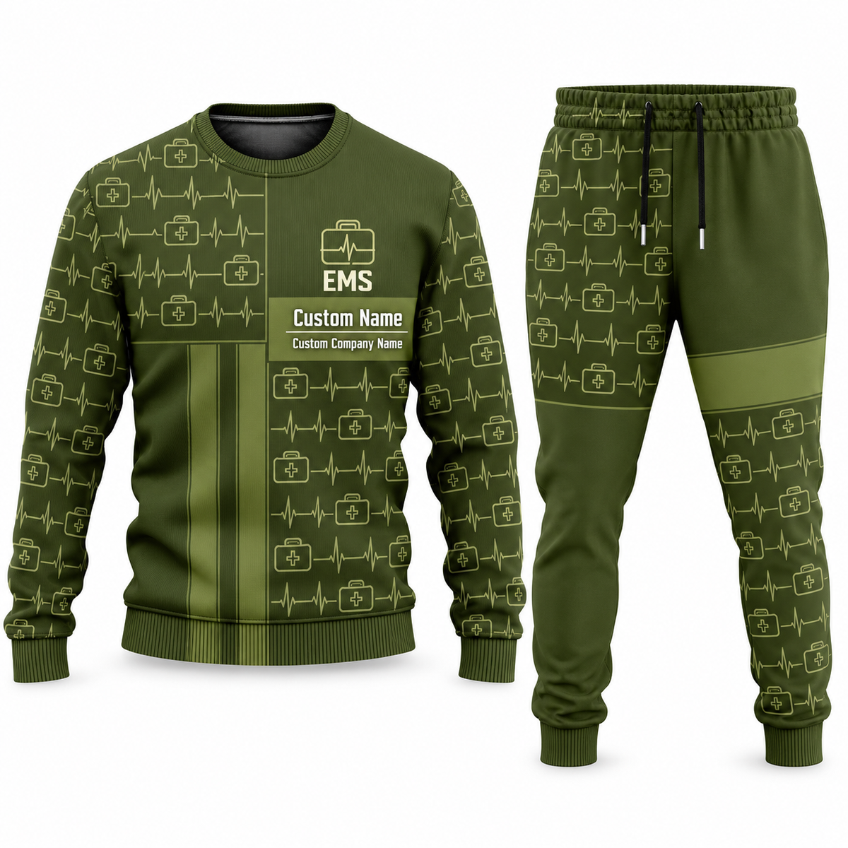 EMS Geometric Panel sweater and jogger combo, olive view with name and company artwork