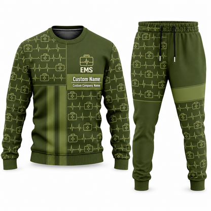 EMS Geometric Panel sweater and jogger combo, olive view with name and company artwork