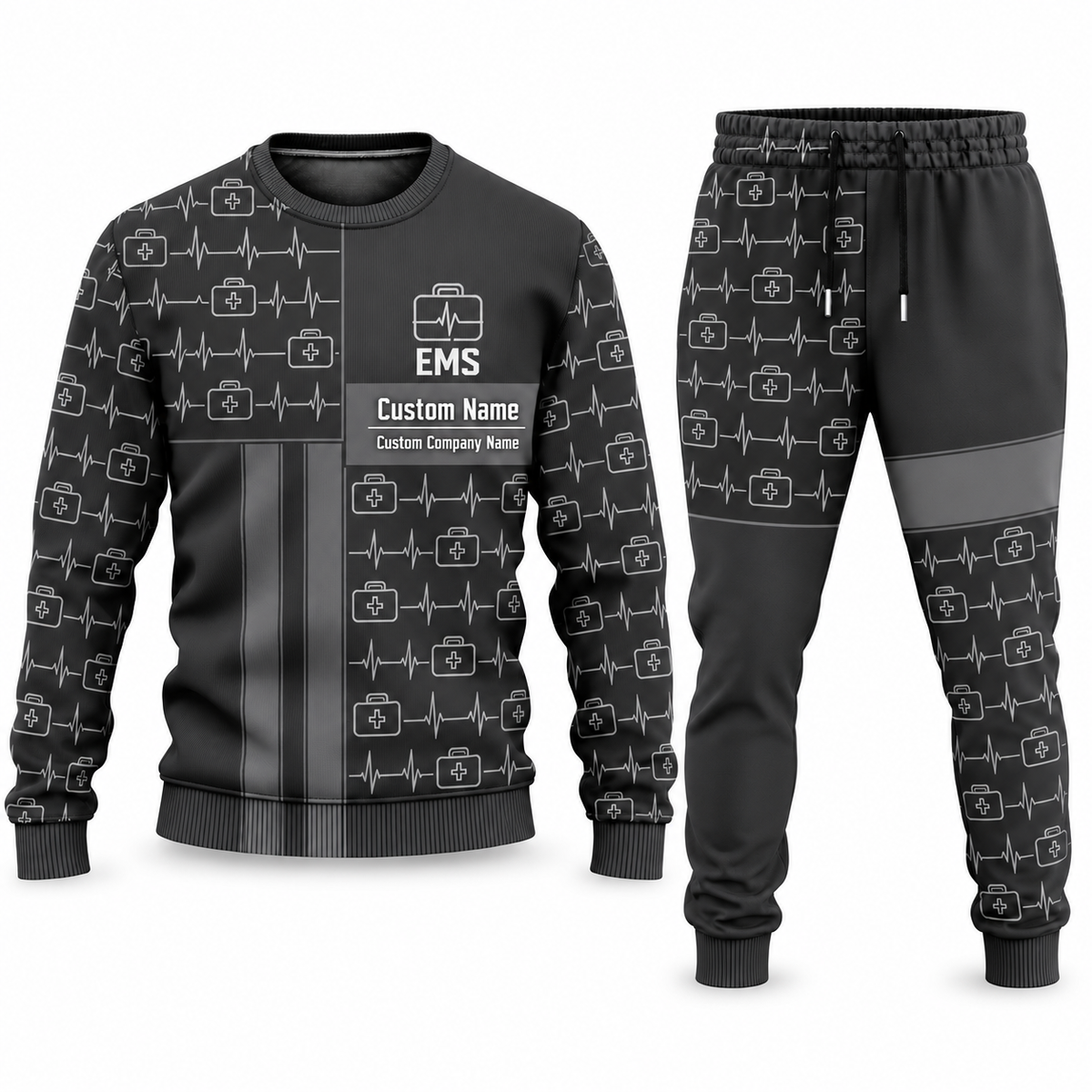 EMS Geometric Panel sweater and jogger combo, charcoal view with name and company artwork