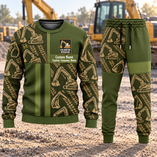 Excavator Operator Geometric Panel sweater and jogger combo, hero view with name and company artwork