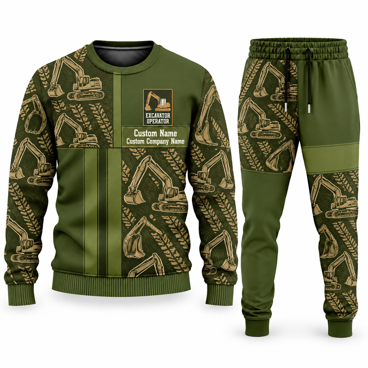 Excavator Operator Geometric Panel sweater and jogger combo, olive view with name and company artwork