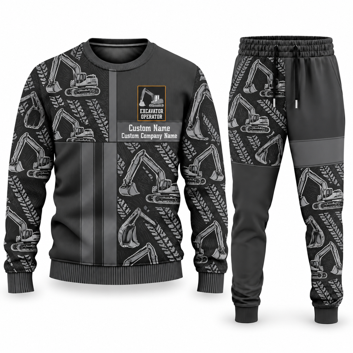 Excavator Operator Geometric Panel sweater and jogger combo, charcoal view with name and company artwork