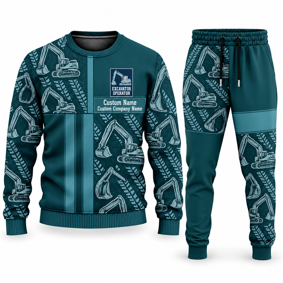 Excavator Operator Geometric Panel sweater and jogger combo, teal view with name and company artwork