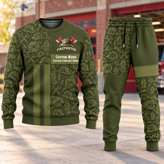Firefighter Geometric Panel sweater and jogger combo, hero view with name and company artwork